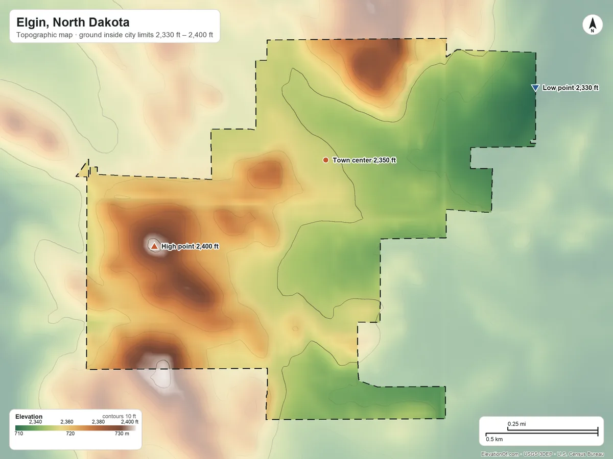 Topographic elevation map of Elgin, North Dakota, shaded from 2,330 ft on the east side to 2,400 ft on the southwest side