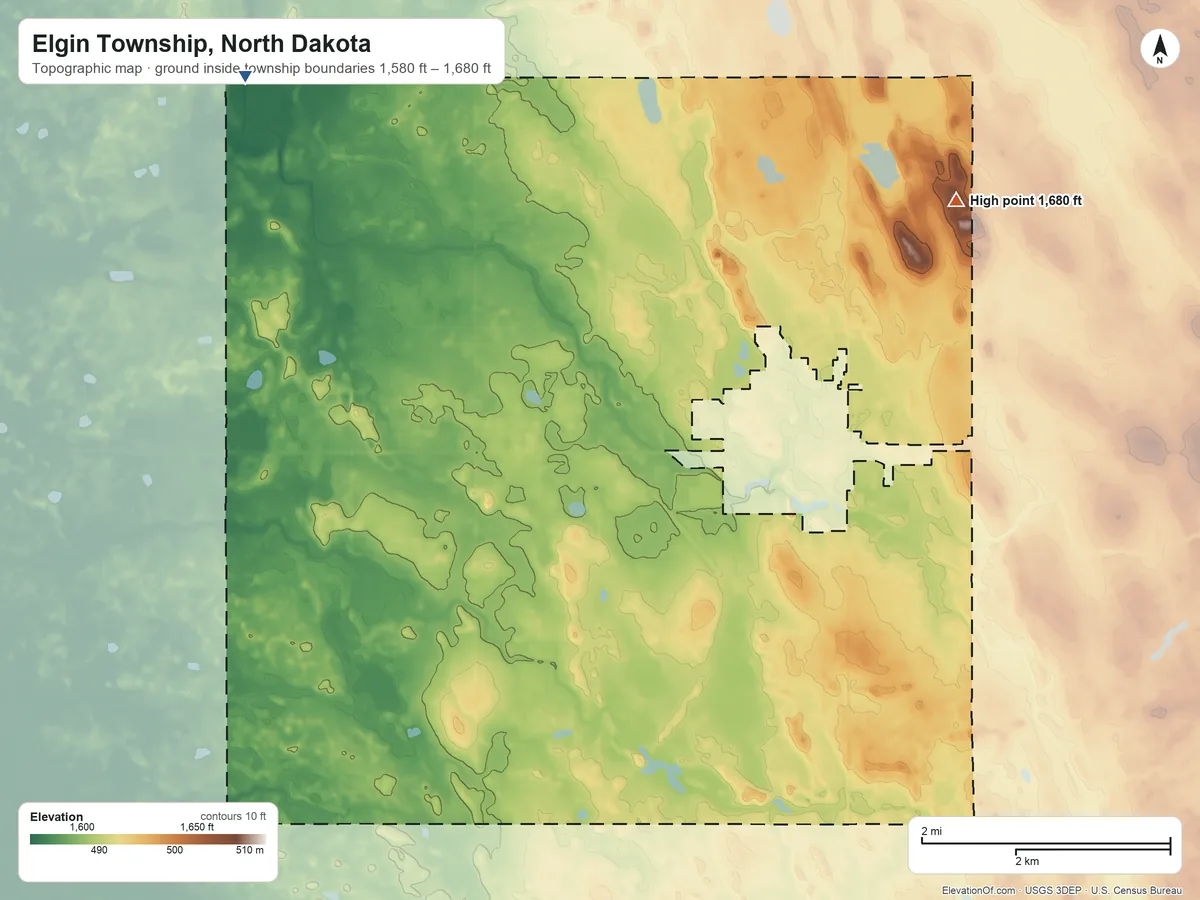 Topographic elevation map of Elgin Township, North Dakota, shaded from 1,580 ft on the northwest side to 1,680 ft on the northeast side
