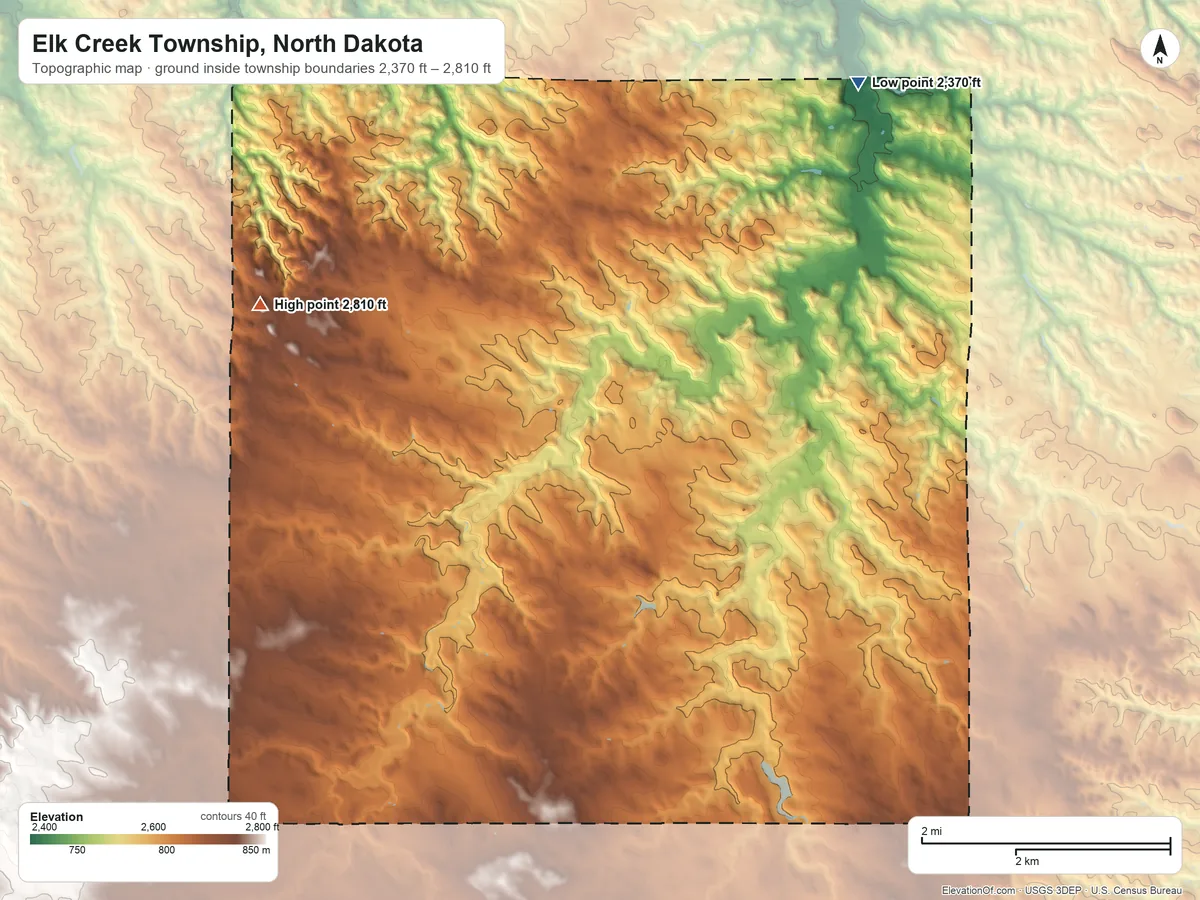 Topographic elevation map of Elk Creek Township, North Dakota, shaded from 2,370 ft on the northeast side to 2,810 ft on the northwest side
