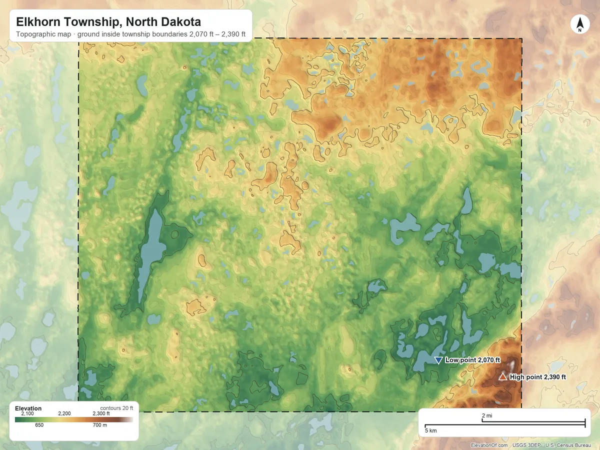Topographic elevation map of Elkhorn Township, North Dakota, shaded from 2,070 ft on the south side to 2,390 ft on the southeast side