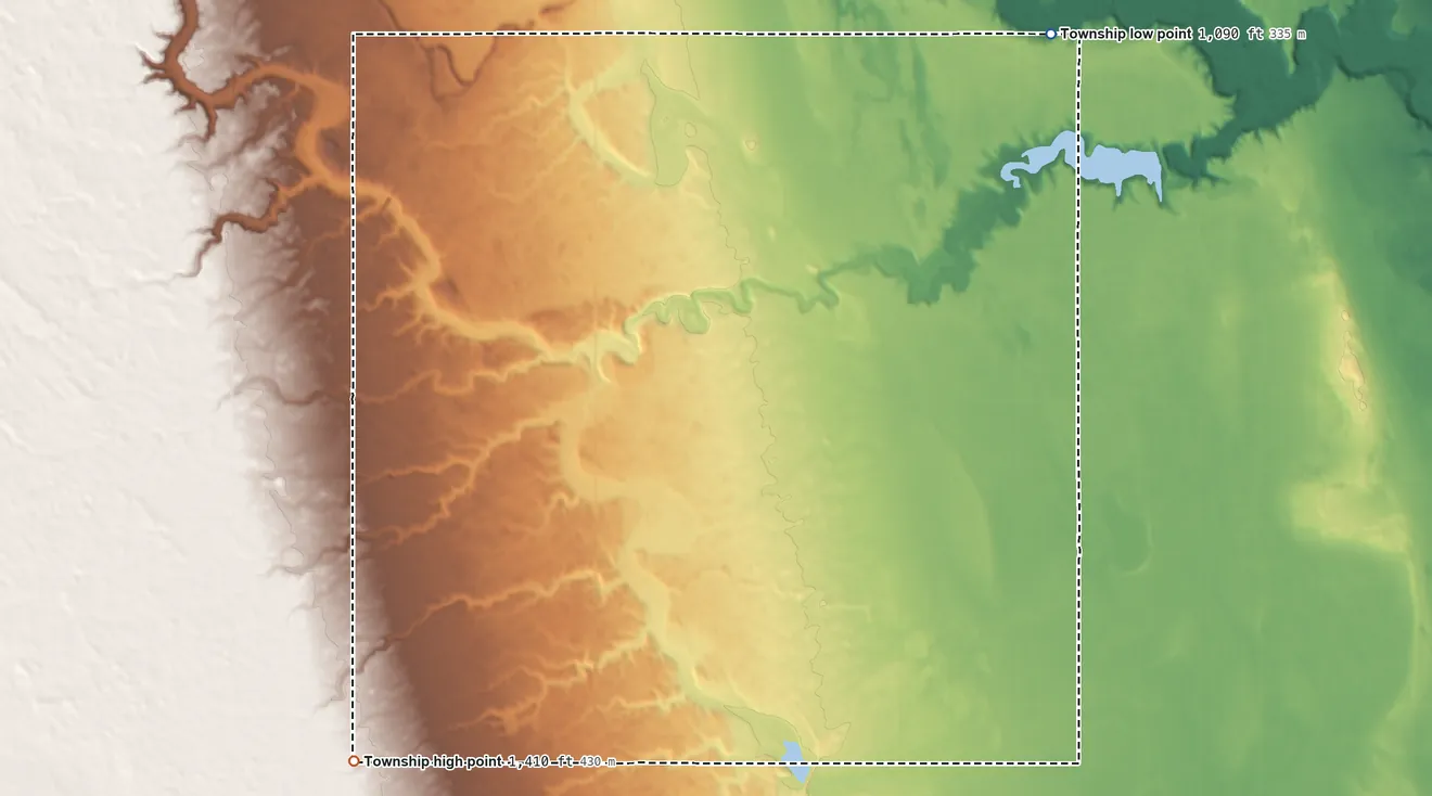 Topographic elevation map of Elkmount Township, North Dakota, shaded from 1,090 ft on the northeast side to 1,410 ft on the southwest side