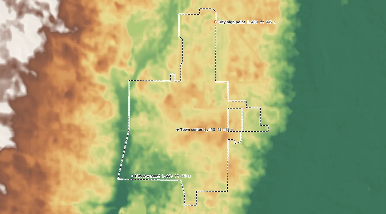 Topographic elevation map of Ellendale, North Dakota, shaded from 1,440 ft on the southwest side to 1,460 ft on the north side