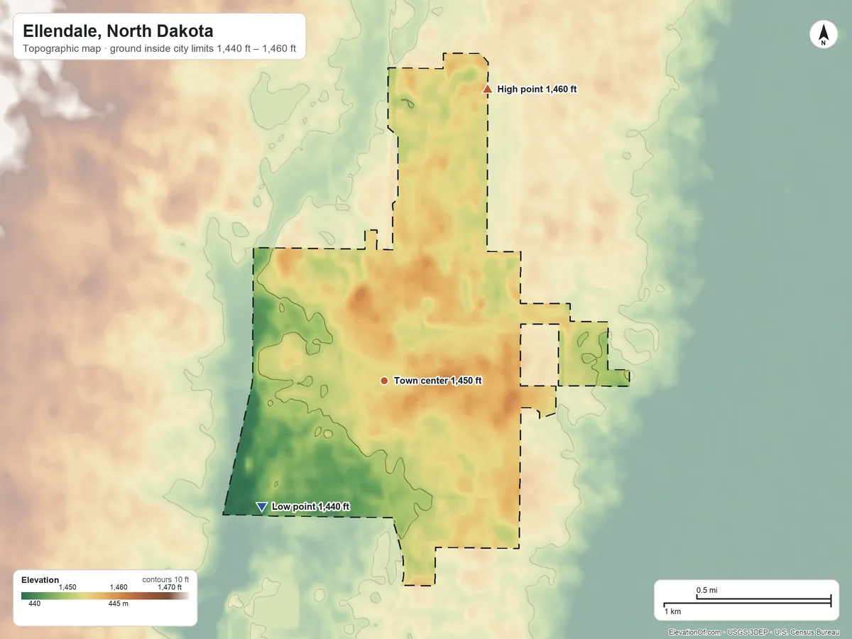 Topographic elevation map of Ellendale, North Dakota, shaded from 1,440 ft on the southwest side to 1,460 ft on the north side