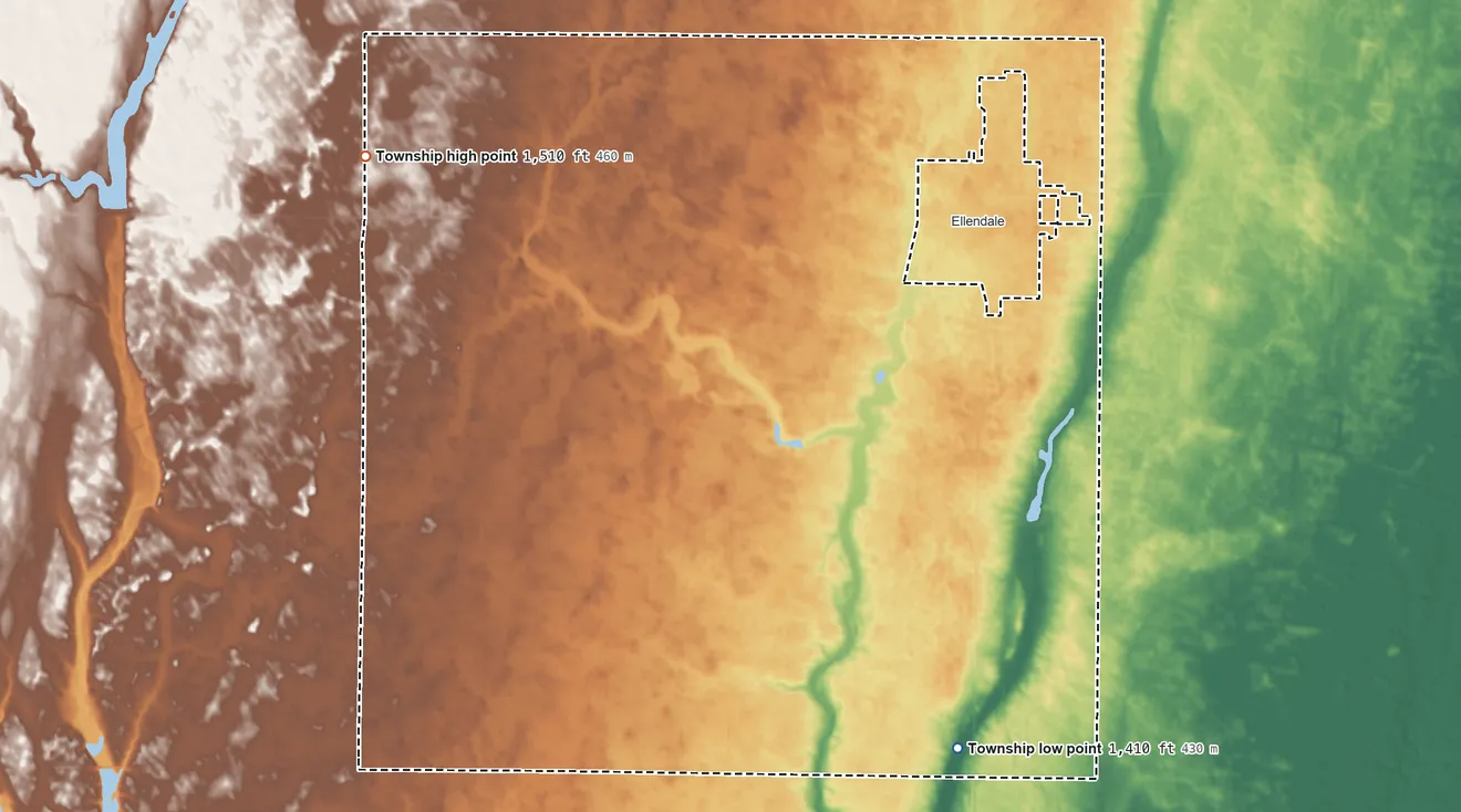 Topographic elevation map of Ellendale Township, North Dakota, shaded from 1,410 ft on the south side to 1,510 ft on the west side
