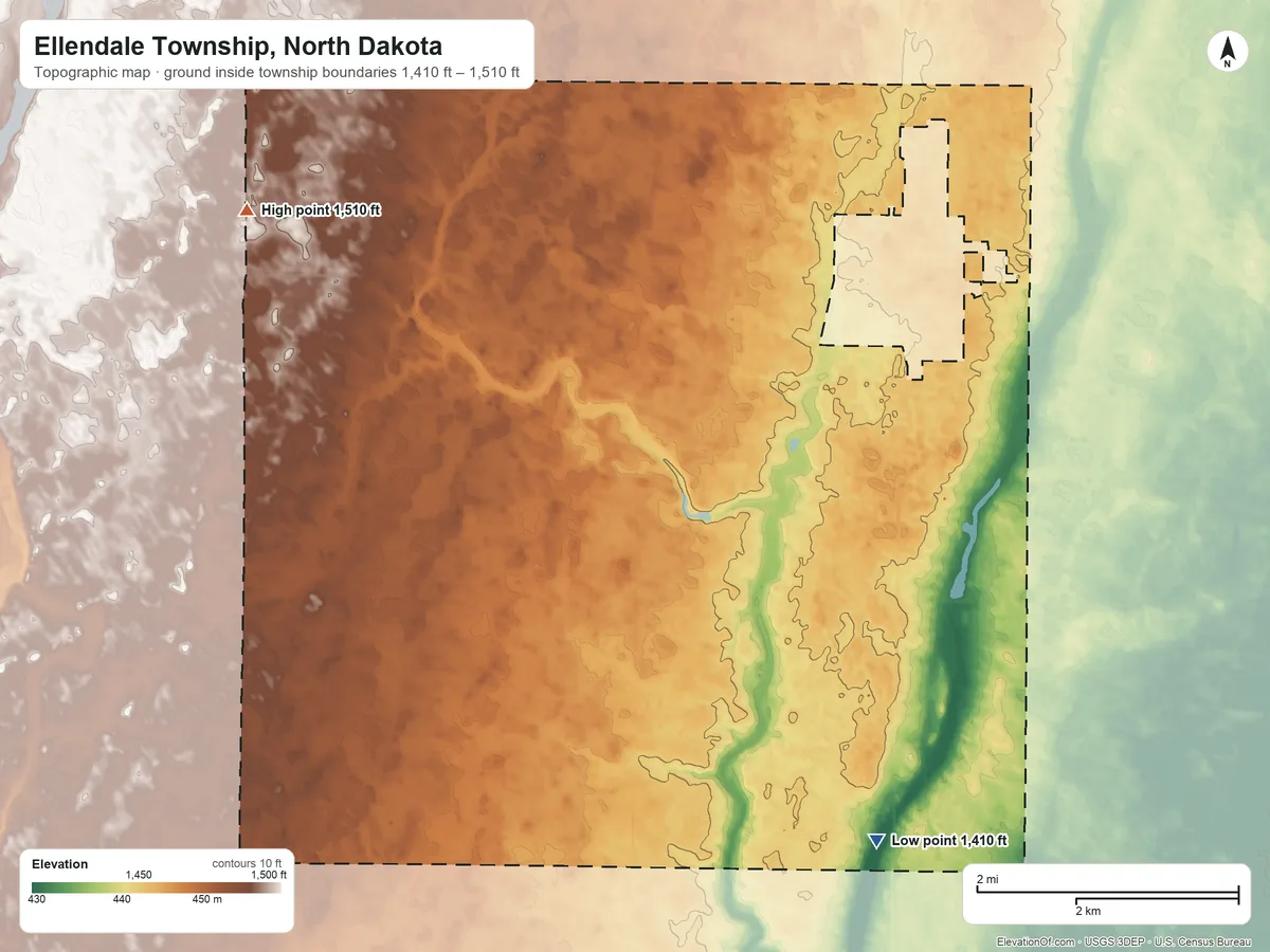 Topographic elevation map of Ellendale Township, North Dakota, shaded from 1,410 ft on the south side to 1,510 ft on the west side