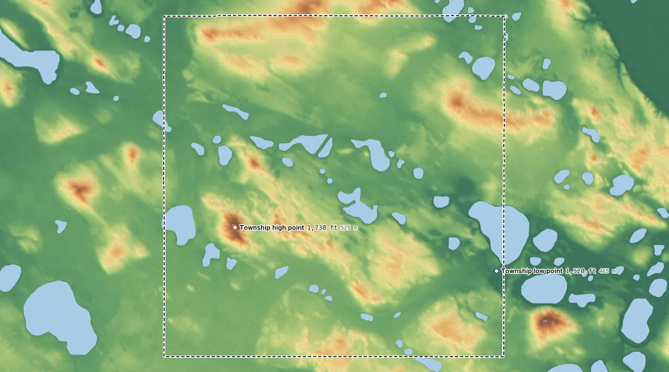 Topographic elevation map of Elling Township, North Dakota, shaded from 1,520 ft on the southeast side to 1,730 ft on the southwest side