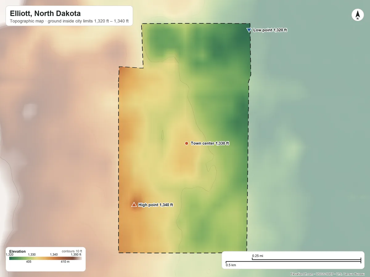 Topographic elevation map of Elliott, North Dakota, shaded from 1,320 ft on the northeast side to 1,340 ft on the southwest side