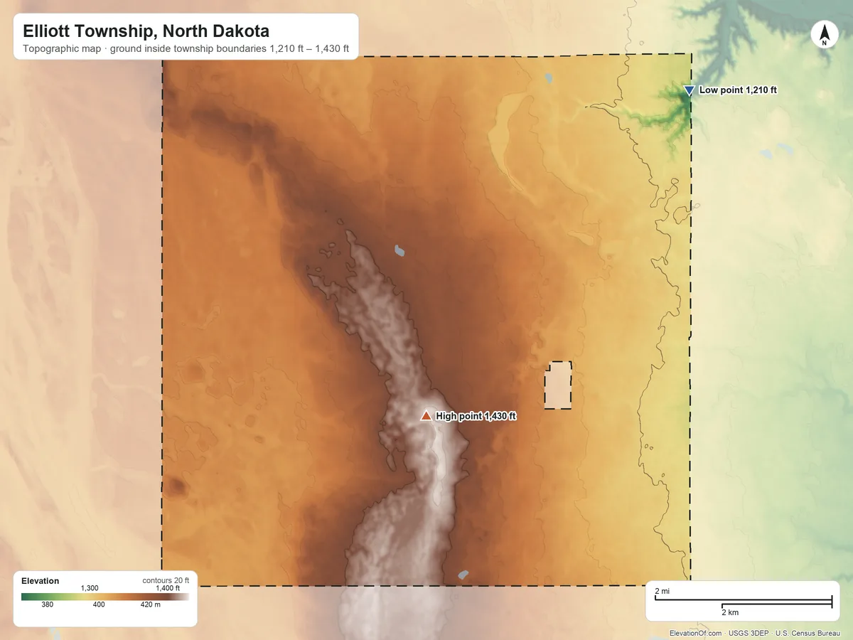 Topographic elevation map of Elliott Township, North Dakota, shaded from 1,210 ft on the northeast side to 1,430 ft on the south side