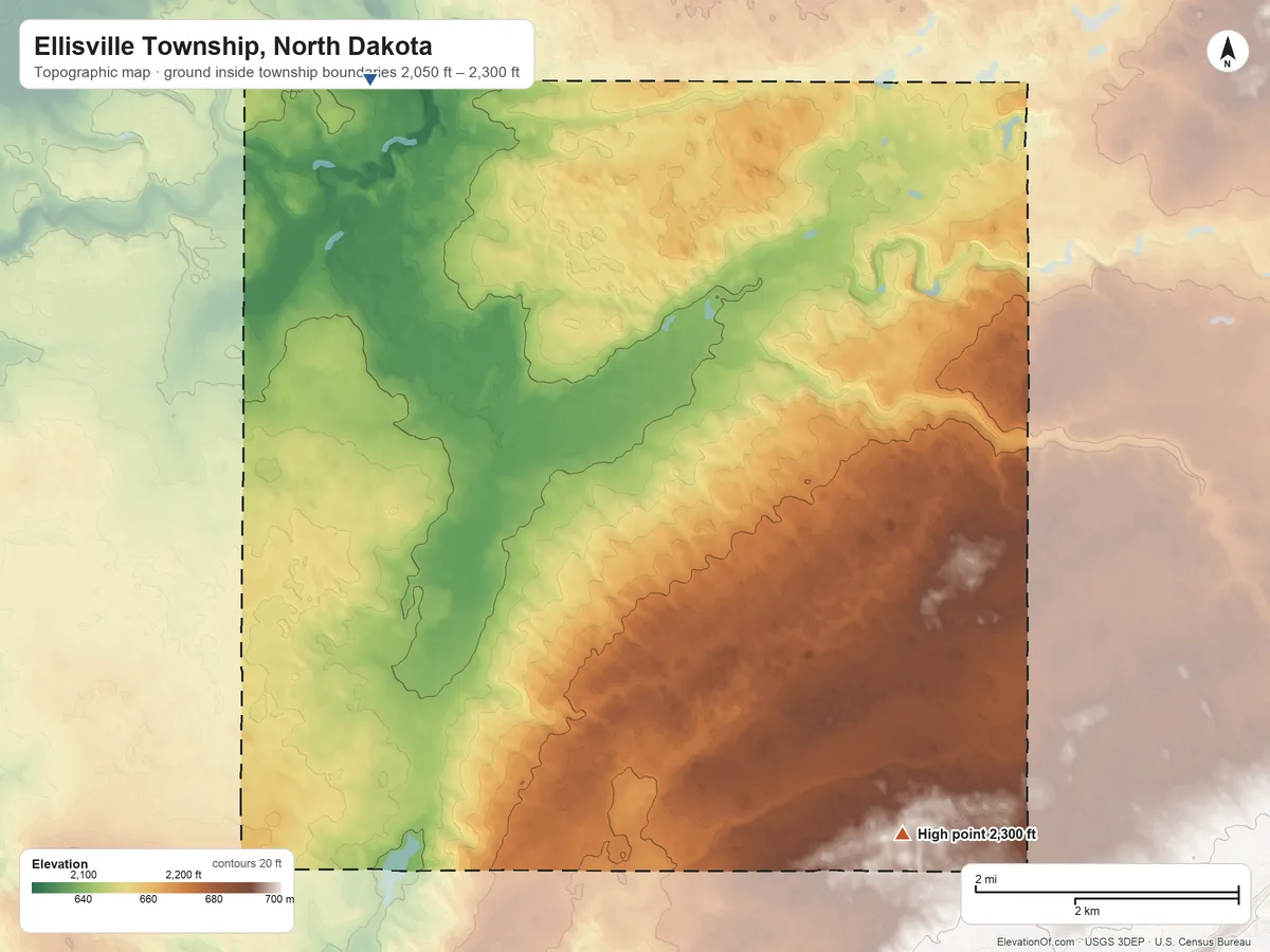 Topographic elevation map of Ellisville Township, North Dakota, shaded from 2,050 ft on the northwest side to 2,300 ft on the southeast side