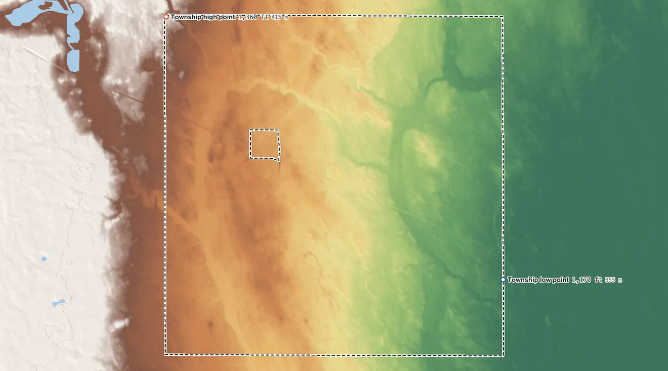 Topographic elevation map of Ellsbury Township, North Dakota, shaded from 1,170 ft on the east side to 1,360 ft on the northwest side