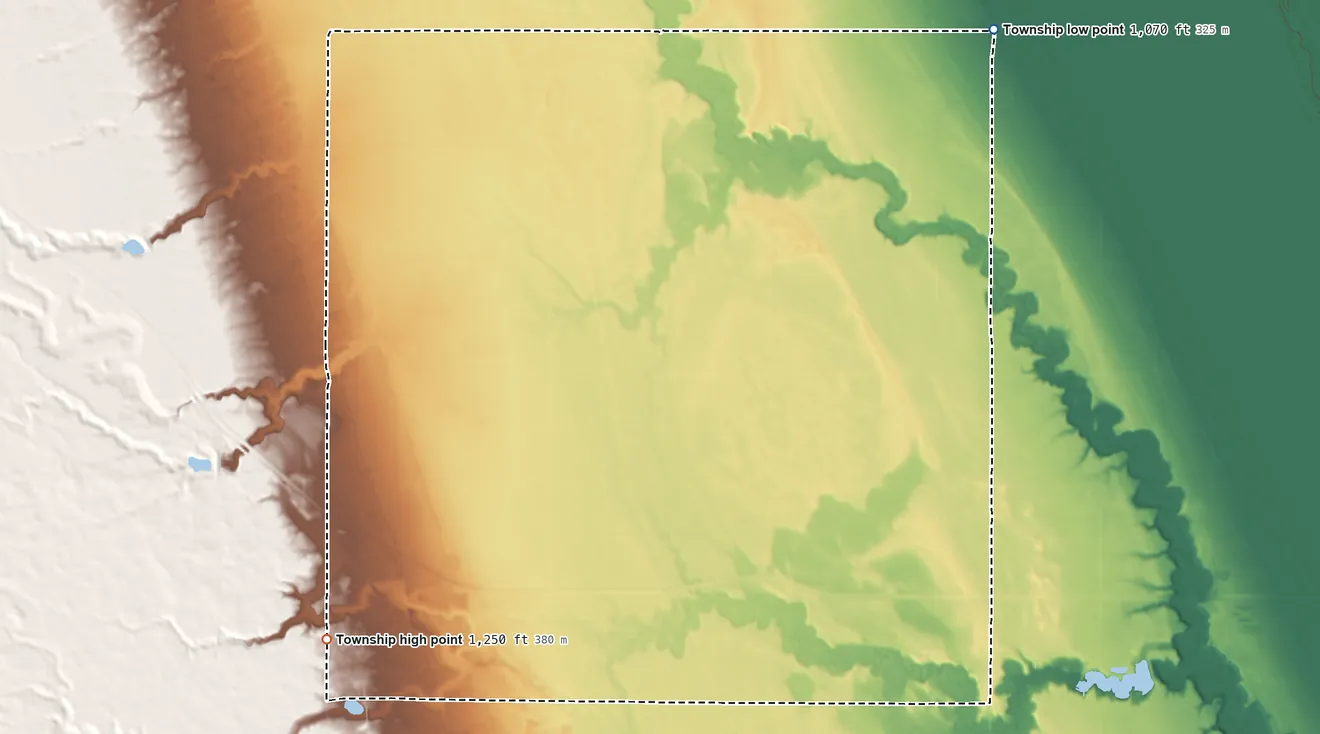 Topographic elevation map of Elm Grove Township, North Dakota, shaded from 1,070 ft on the northeast side to 1,250 ft on the southwest side
