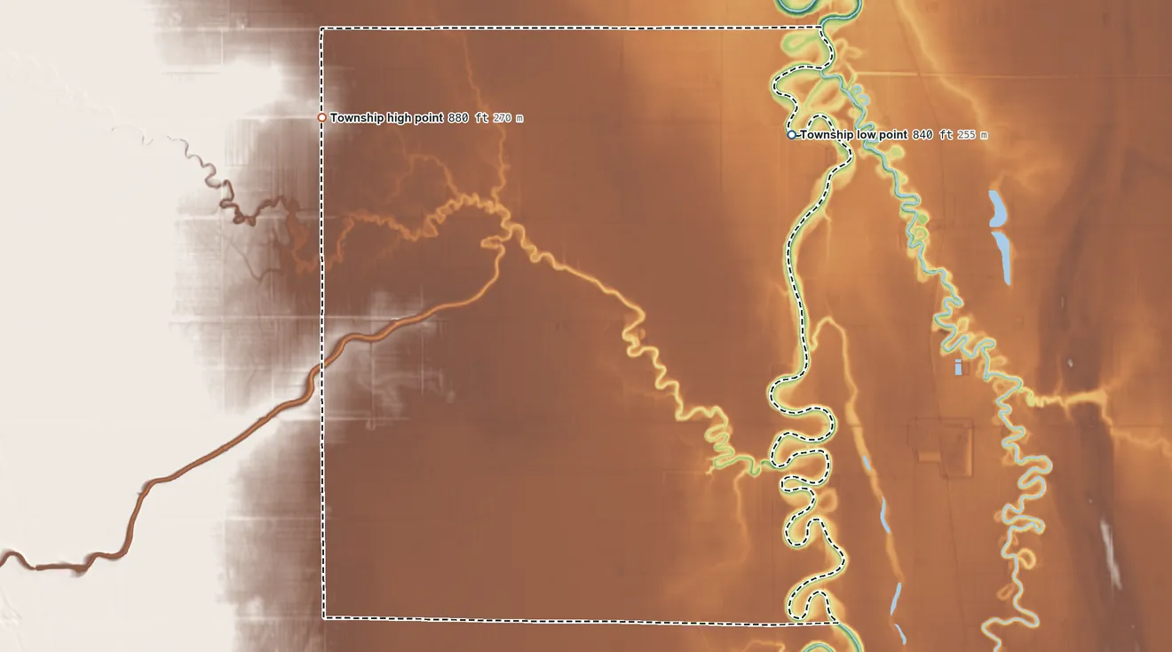 Topographic elevation map of Elm River Township, North Dakota, shaded from 840 ft on the northeast side to 880 ft on the northwest side