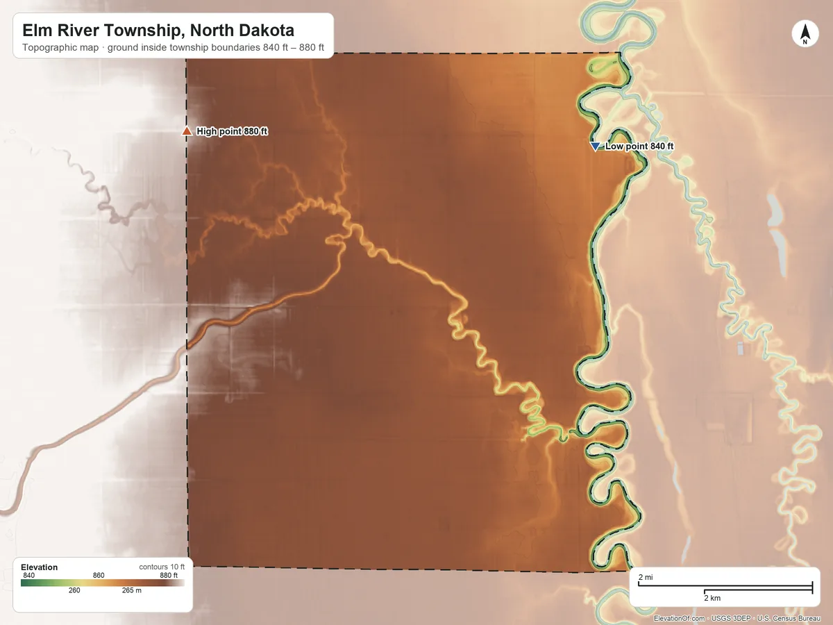 Topographic elevation map of Elm River Township, North Dakota, shaded from 840 ft on the northeast side to 880 ft on the northwest side