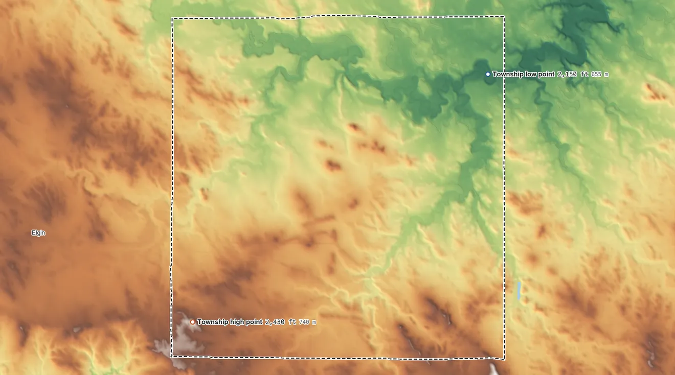 Topographic elevation map of Elm Township, Grant County, North Dakota, shaded from 2,150 ft on the northeast side to 2,430 ft on the southwest side