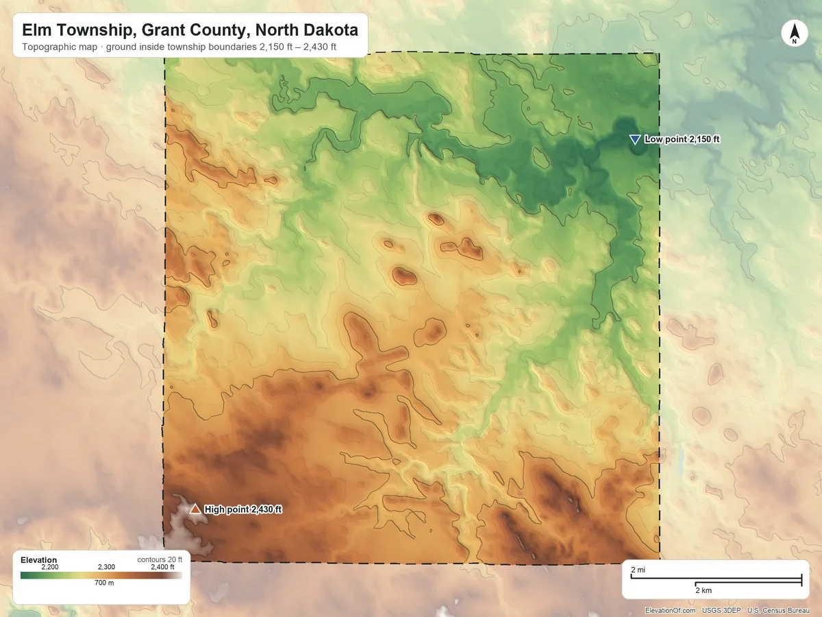 Topographic elevation map of Elm Township, Grant County, North Dakota, shaded from 2,150 ft on the northeast side to 2,430 ft on the southwest side