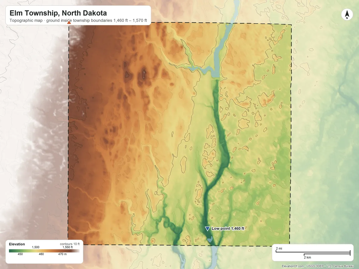 Topographic elevation map of Elm Township, North Dakota, shaded from 1,460 ft on the south side to 1,570 ft on the west side