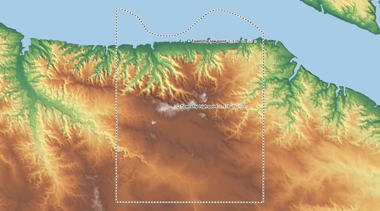 Topographic elevation map of Elm Tree Township, North Dakota, shaded from 1,830 ft on the north side to 2,470 ft on the north side