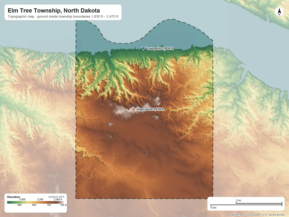 Topographic elevation map of Elm Tree Township, North Dakota, shaded from 1,830 ft on the north side to 2,470 ft on the north side