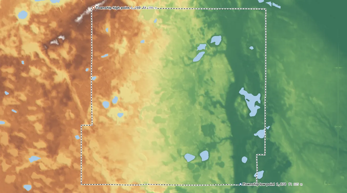 Topographic elevation map of Elma Township, North Dakota, shaded from 1,070 ft on the southeast side to 1,280 ft on the northwest side