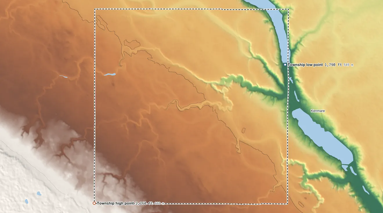 Topographic elevation map of Elmdale Township, North Dakota, shaded from 1,790 ft on the east side to 2,160 ft on the southwest side