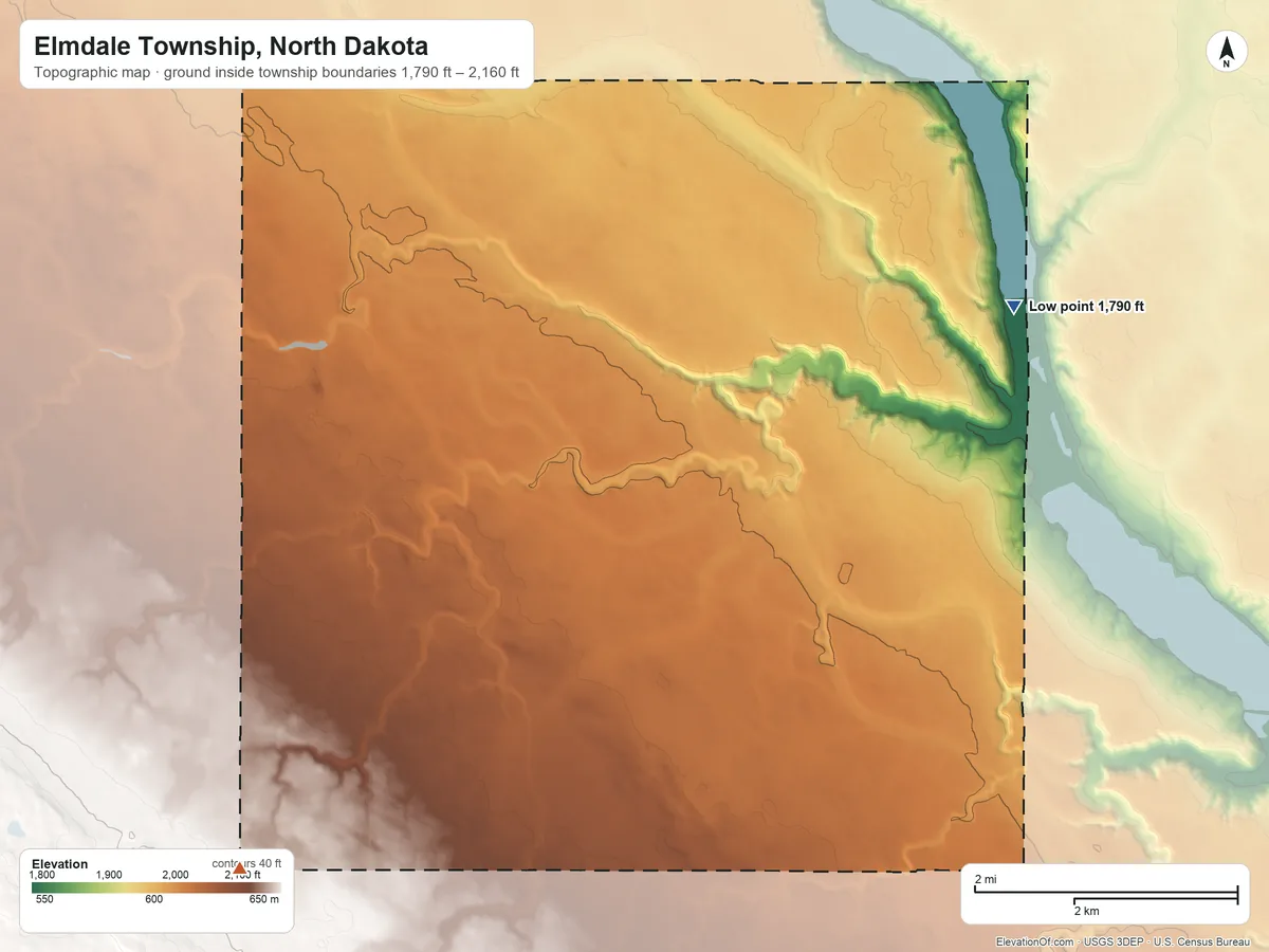 Topographic elevation map of Elmdale Township, North Dakota, shaded from 1,790 ft on the east side to 2,160 ft on the southwest side
