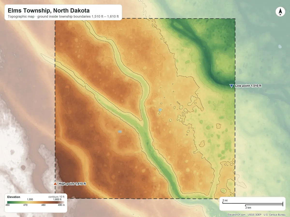 Topographic elevation map of Elms Township, North Dakota, shaded from 1,510 ft on the east side to 1,610 ft on the southwest side
