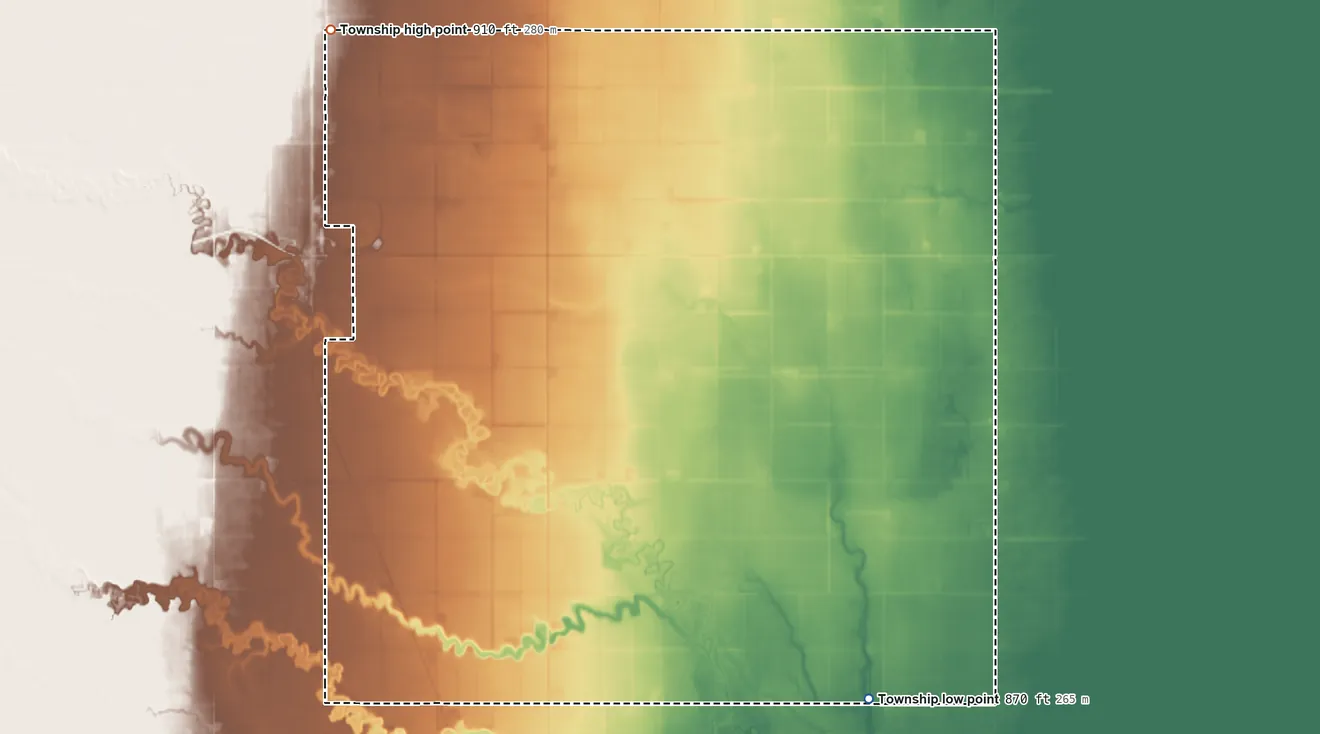Topographic elevation map of Elora Township, North Dakota, shaded from 870 ft on the southeast side to 910 ft on the northwest side