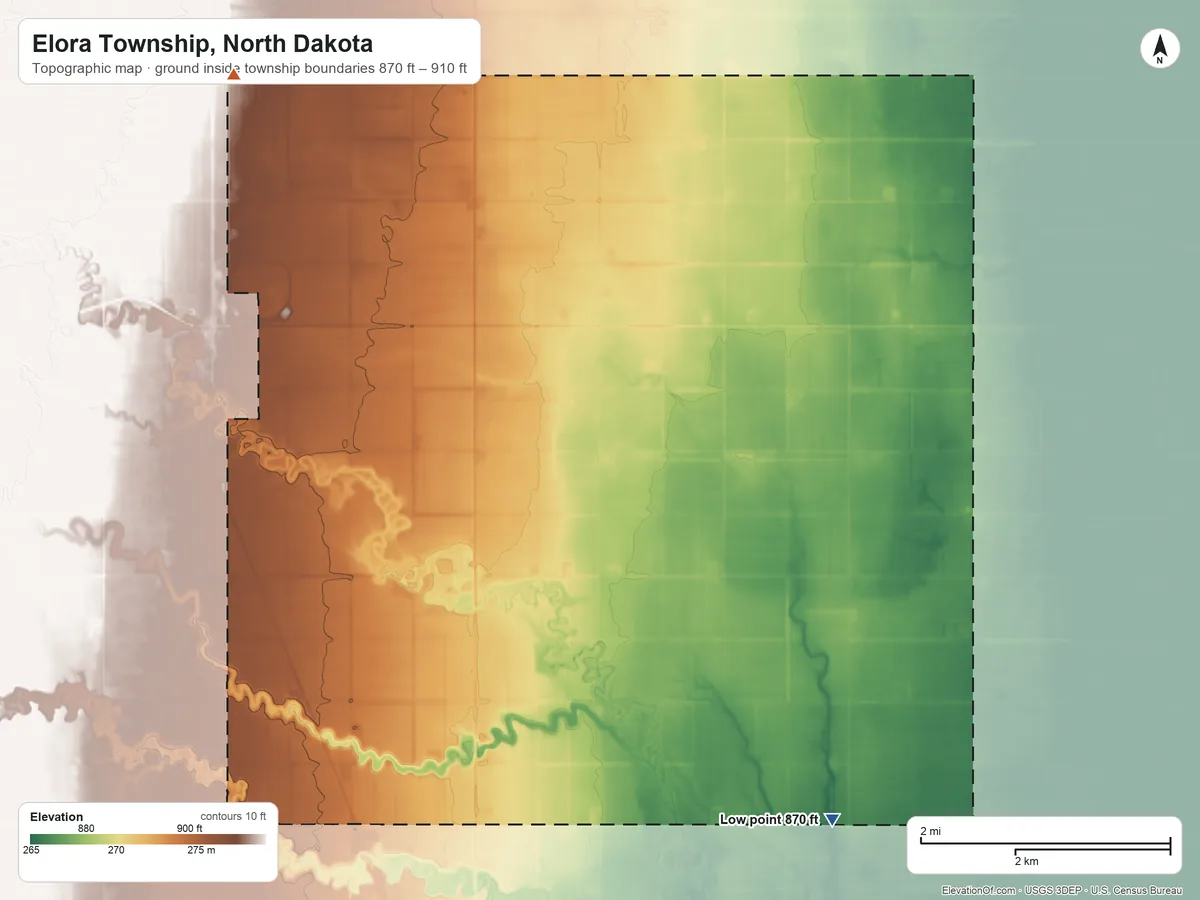 Topographic elevation map of Elora Township, North Dakota, shaded from 870 ft on the southeast side to 910 ft on the northwest side