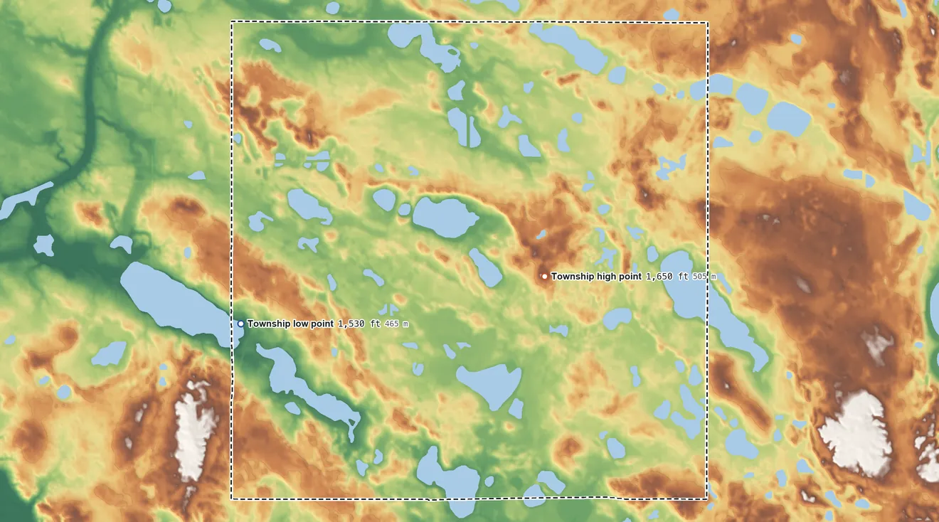 Topographic elevation map of Elverum Township, North Dakota, shaded from 1,530 ft on the southwest side to 1,650 ft on the southeast side