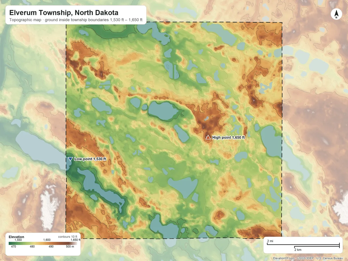 Topographic elevation map of Elverum Township, North Dakota, shaded from 1,530 ft on the southwest side to 1,650 ft on the southeast side