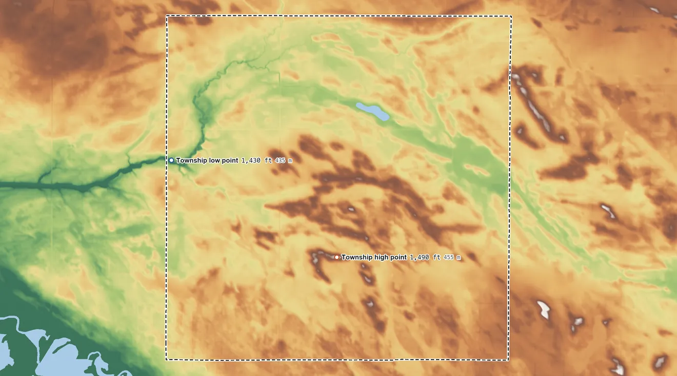 Topographic elevation map of Elysian Township, North Dakota, shaded from 1,430 ft on the west side to 1,490 ft on the south side