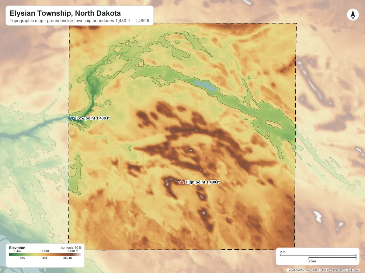 Topographic elevation map of Elysian Township, North Dakota, shaded from 1,430 ft on the west side to 1,490 ft on the south side