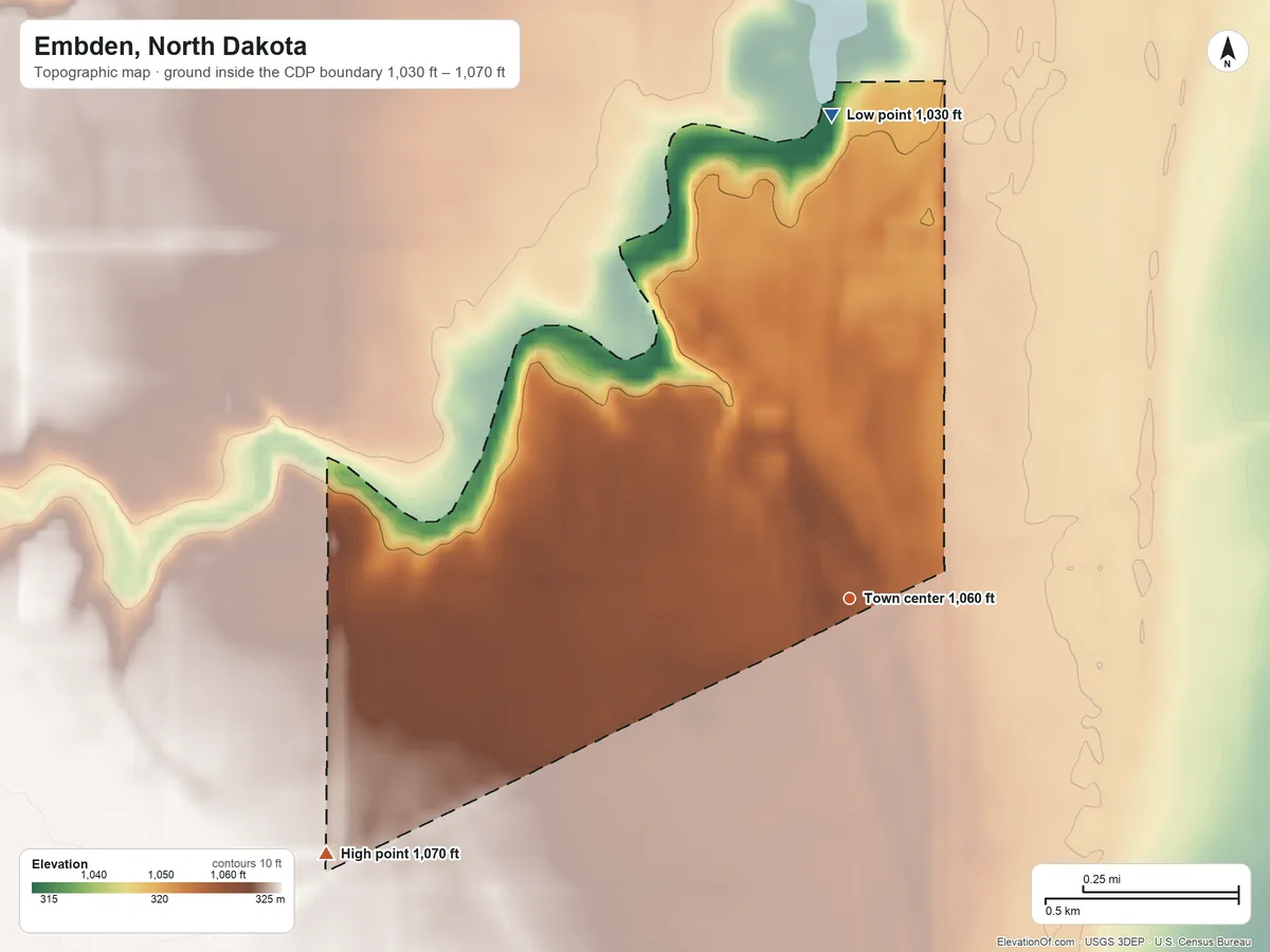 Topographic elevation map of Embden, North Dakota, shaded from 1,030 ft on the north side to 1,070 ft on the southwest side