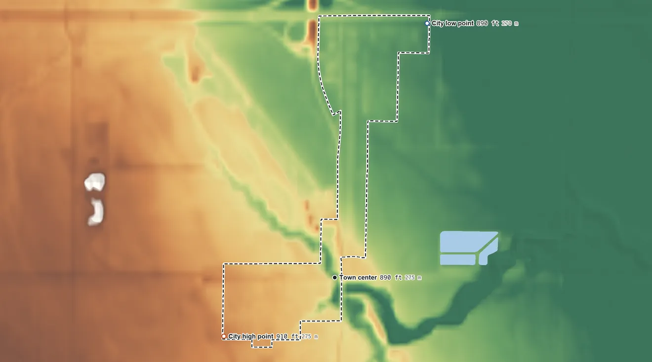 Topographic elevation map of Emerado, North Dakota, shaded from 890 ft on the north side to 910 ft on the southwest side