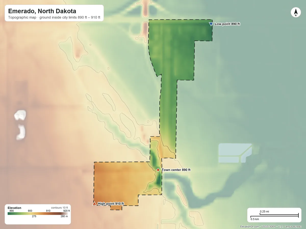 Topographic elevation map of Emerado, North Dakota, shaded from 890 ft on the north side to 910 ft on the southwest side