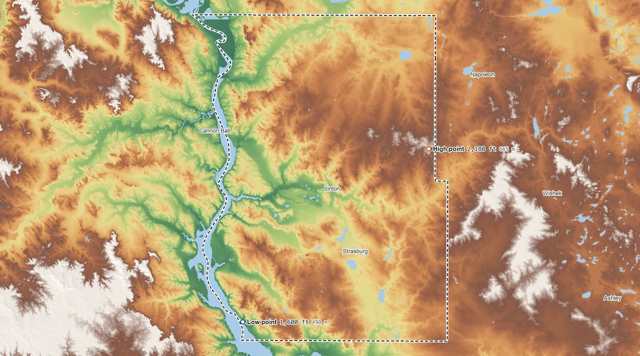 Topographic elevation map of Emmons County, North Dakota, shaded from 1,600 ft on the southwest side to 2,180 ft on the east side