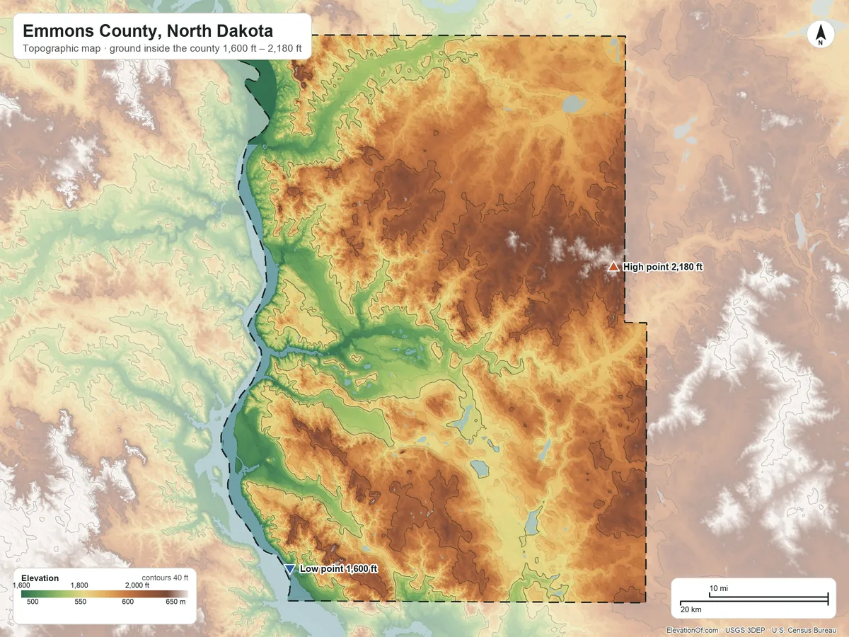 Topographic elevation map of Emmons County, North Dakota, shaded from 1,600 ft on the southwest side to 2,180 ft on the east side