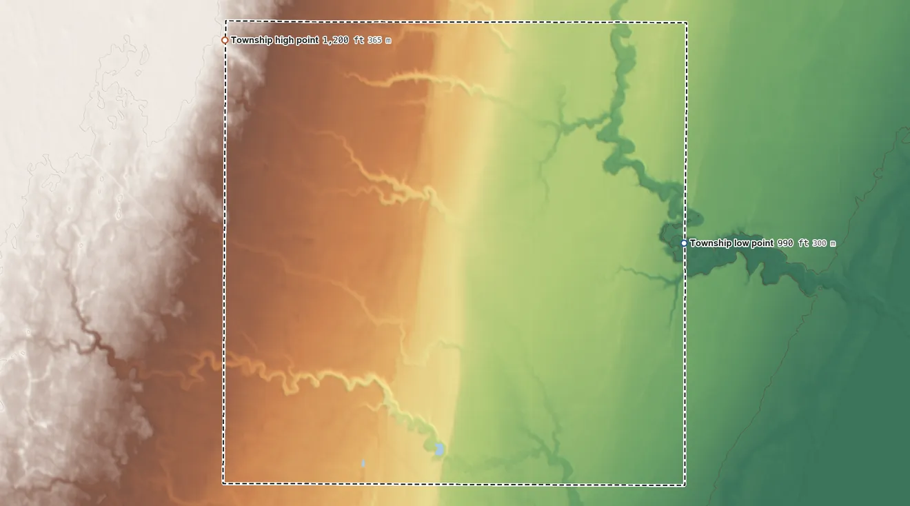 Topographic elevation map of Empire Township, North Dakota, shaded from 990 ft on the northeast side to 1,200 ft on the northwest side