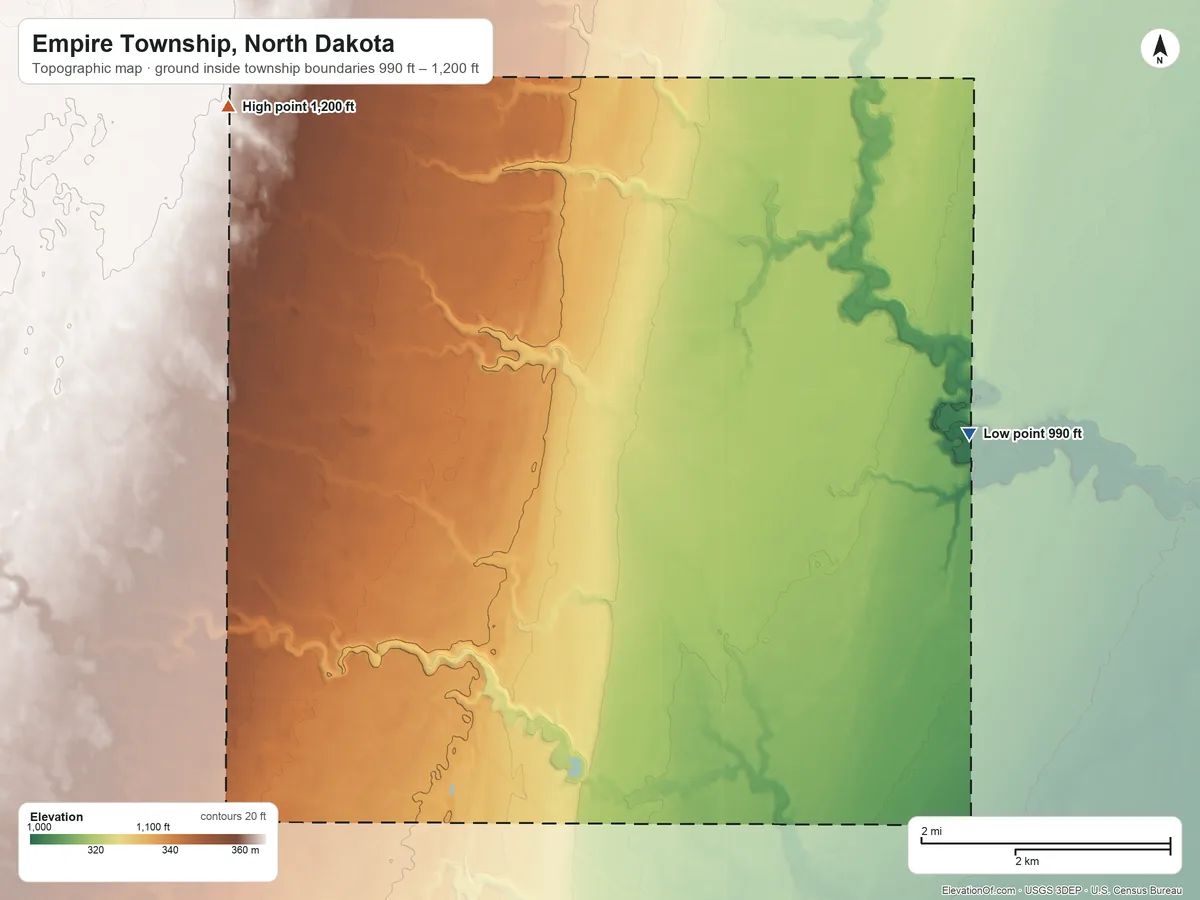 Topographic elevation map of Empire Township, North Dakota, shaded from 990 ft on the northeast side to 1,200 ft on the northwest side