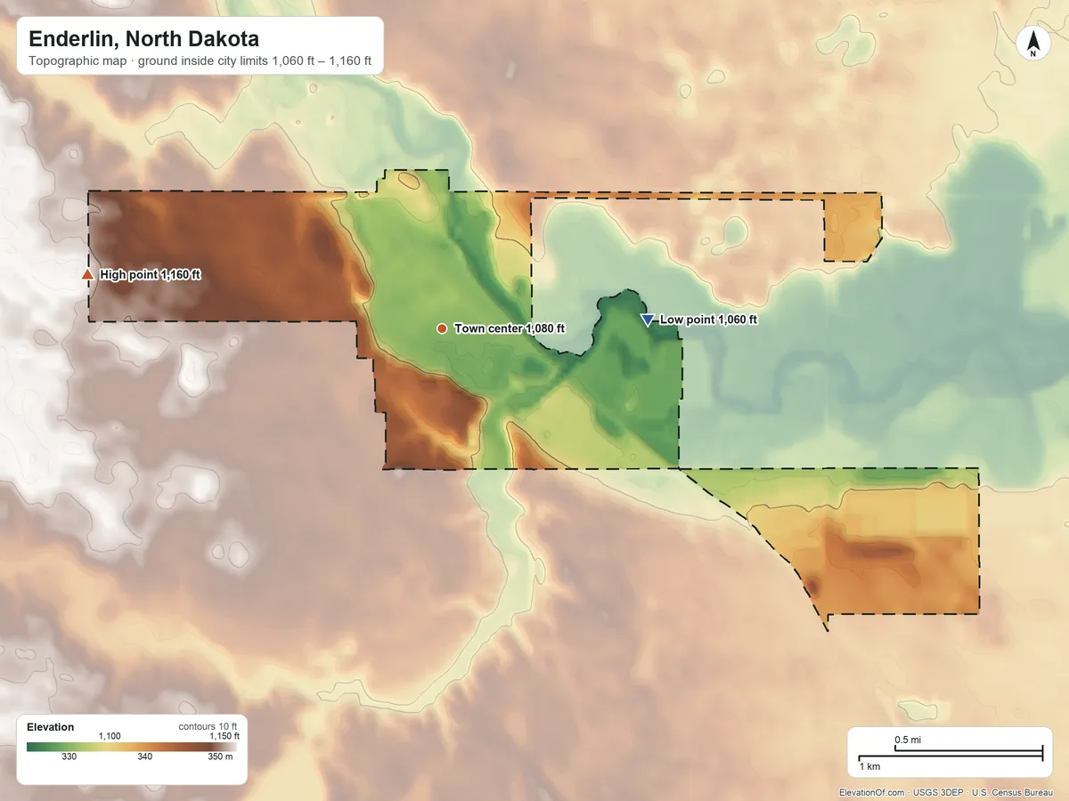 Topographic elevation map of Enderlin, North Dakota, shaded from 1,060 ft on the east side to 1,160 ft on the west side