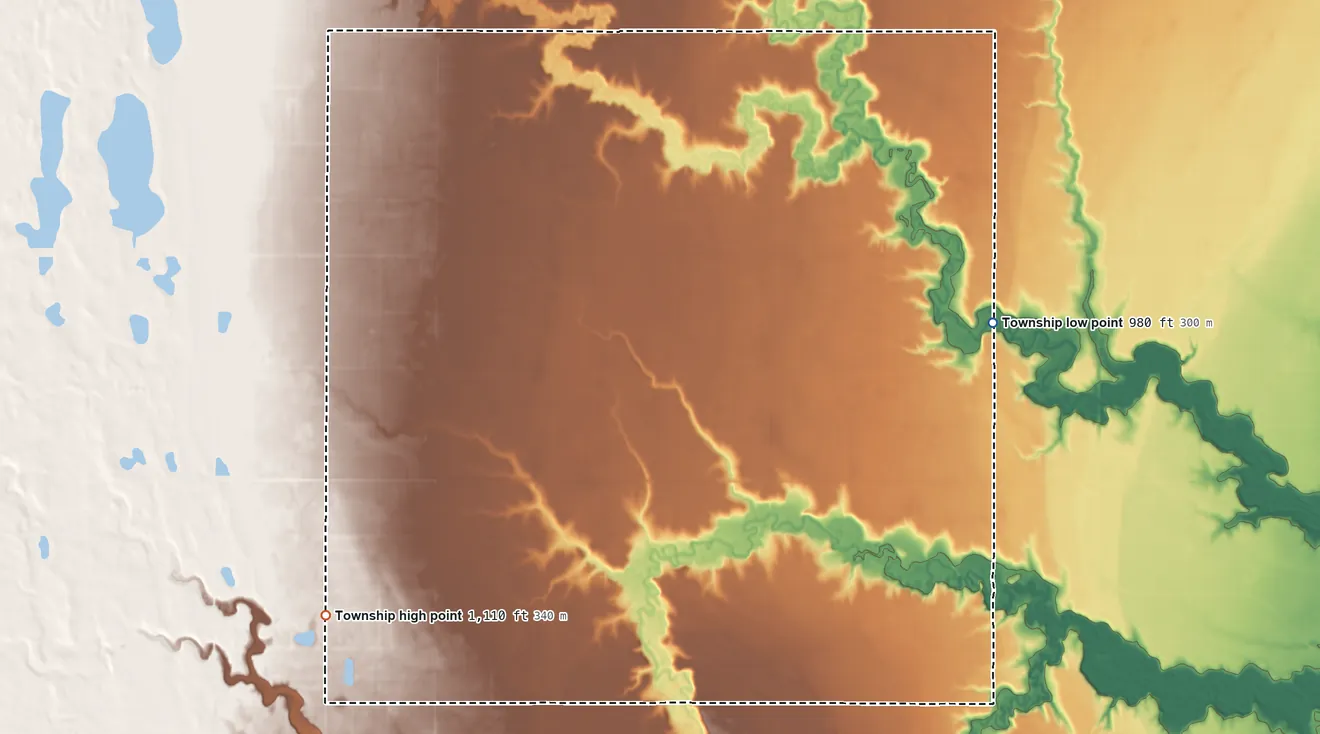 Topographic elevation map of Enger Township, North Dakota, shaded from 980 ft on the east side to 1,110 ft on the southwest side