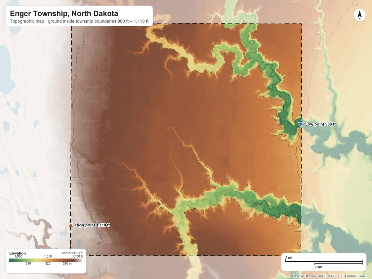 Topographic elevation map of Enger Township, North Dakota, shaded from 980 ft on the east side to 1,110 ft on the southwest side