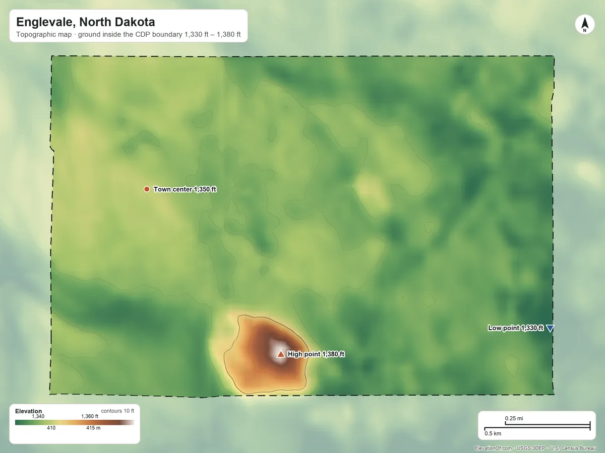 Topographic elevation map of Englevale, North Dakota, shaded from 1,330 ft on the east side to 1,380 ft on the southeast side