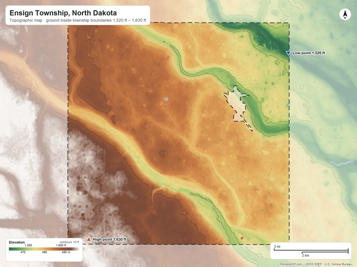 Topographic elevation map of Ensign Township, North Dakota, shaded from 1,520 ft on the northeast side to 1,630 ft on the southwest side