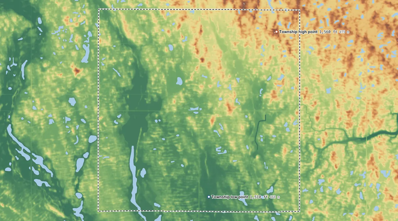 Topographic elevation map of Enterprise Township, North Dakota, shaded from 1,510 ft on the south side to 1,560 ft on the northeast side
