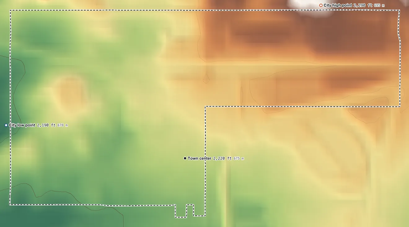 Topographic elevation map of Epping, North Dakota, shaded from 2,190 ft on the west side to 2,290 ft on the northeast side