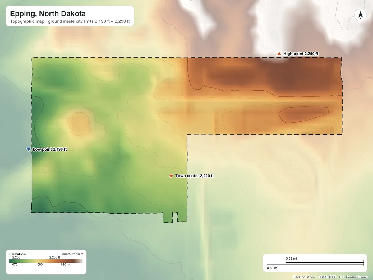 Topographic elevation map of Epping, North Dakota, shaded from 2,190 ft on the west side to 2,290 ft on the northeast side