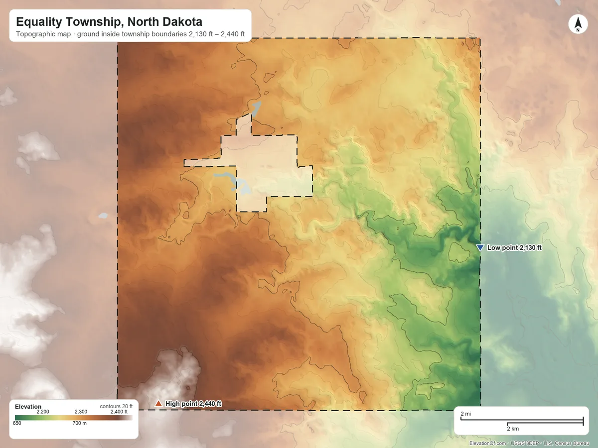 Topographic elevation map of Equality Township, North Dakota, shaded from 2,130 ft on the east side to 2,440 ft on the southwest side