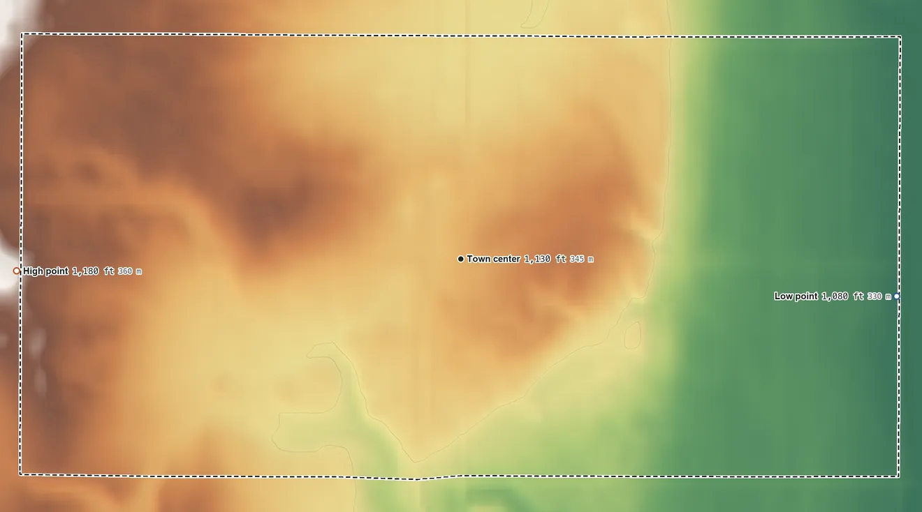 Topographic elevation map of Erie, North Dakota, shaded from 1,080 ft on the east side to 1,180 ft on the west side