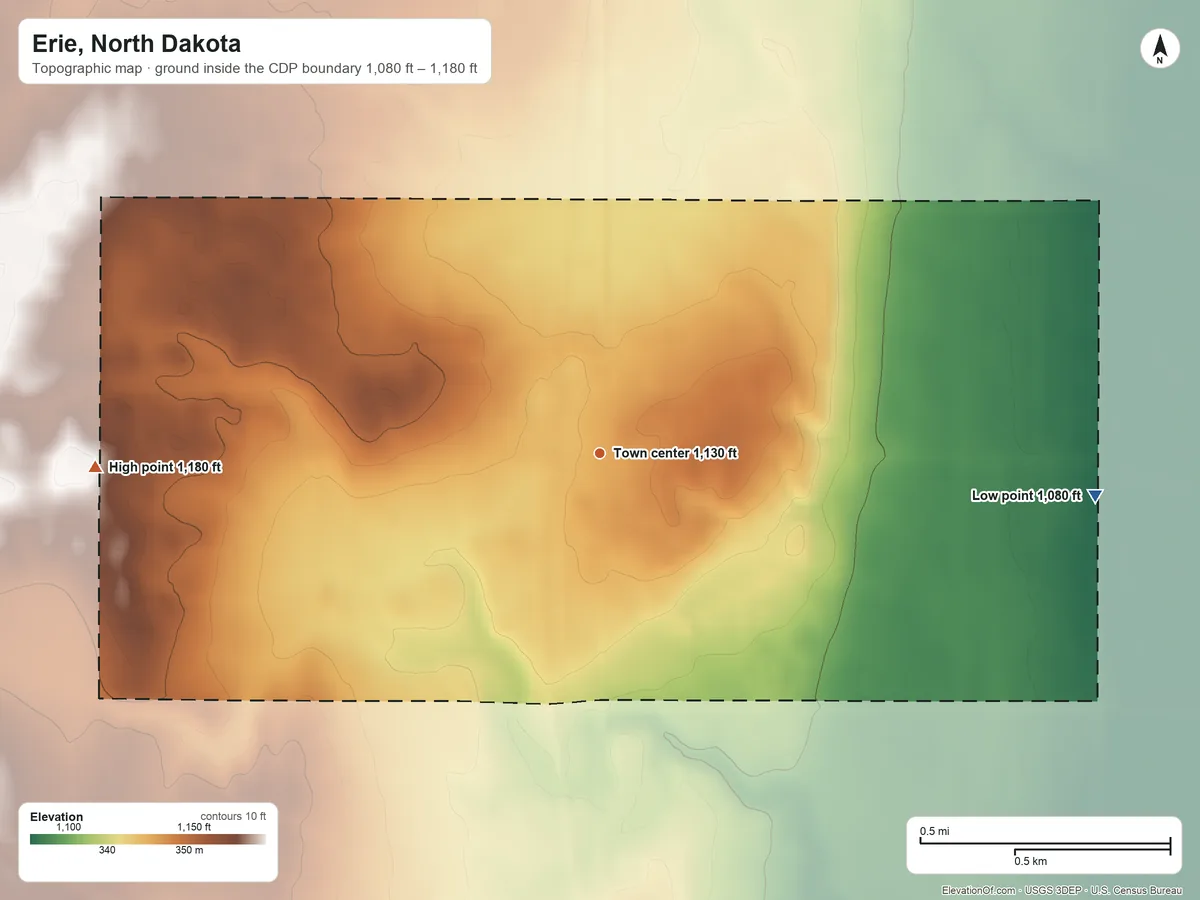 Topographic elevation map of Erie, North Dakota, shaded from 1,080 ft on the east side to 1,180 ft on the west side